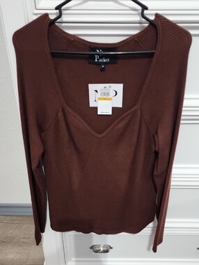 Women's Chocolate Brown Ribbed V‑Neck Long Sleeve Top